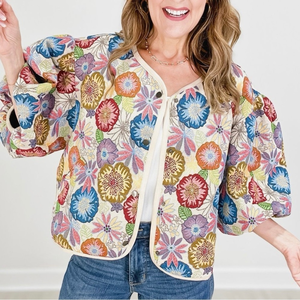Blue Velvet Floral Crop Puff Sleeve Jacket